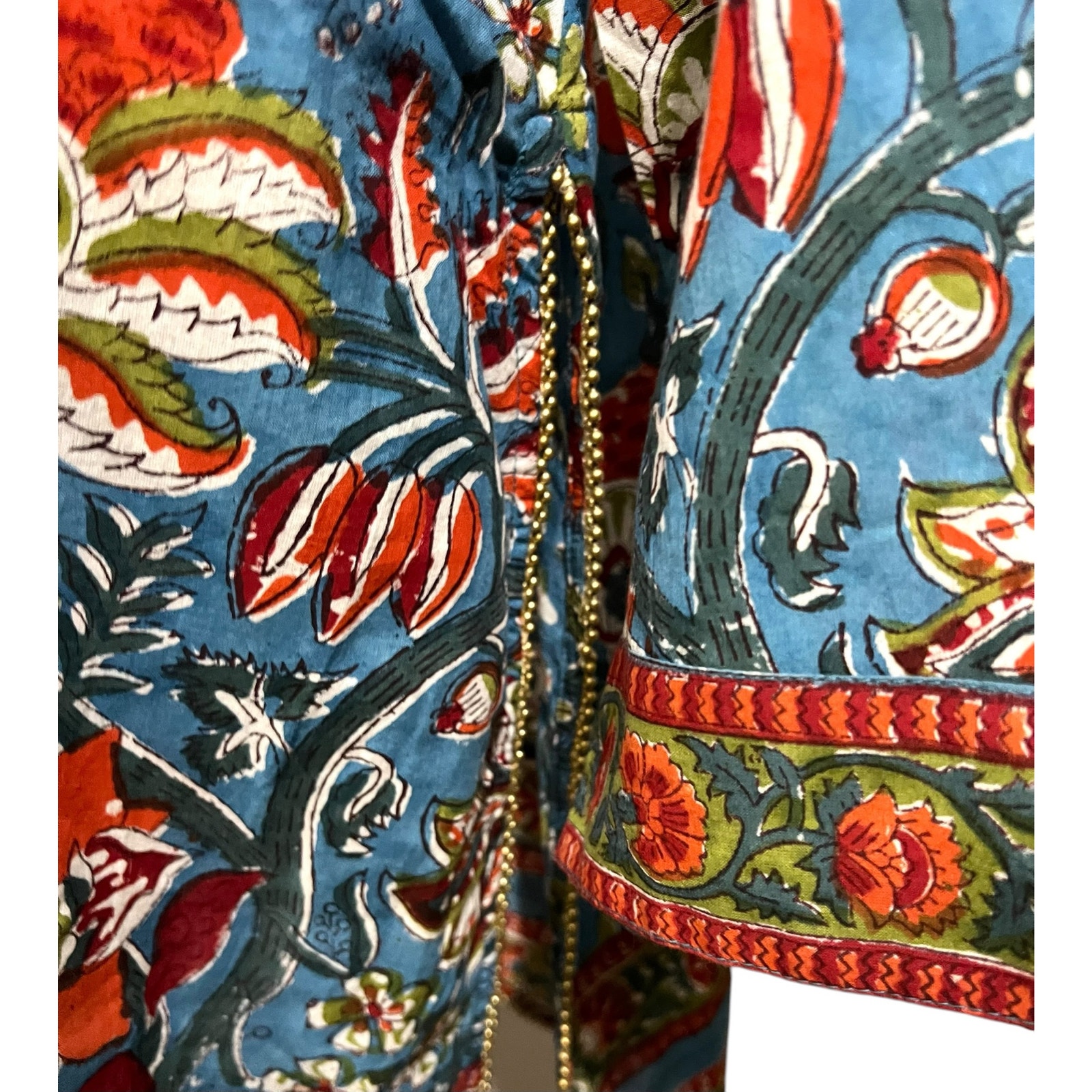Pax Philomena Fleury Blue Floral Cotton Tunic Hand Block Printed Beaded Top Xxl — image 8 of 8